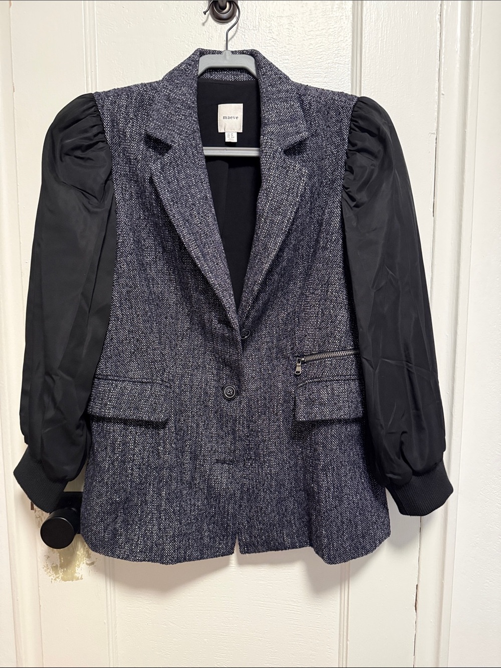 a new day Navy Tweed Blazer with Black Puff Sleeves